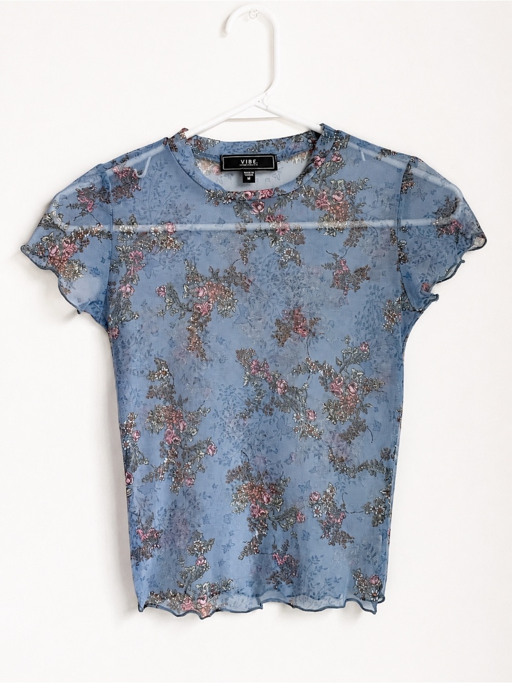Blue Mesh Short Sleeve Top w/ Floral Rose Print